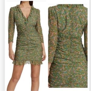 Veronica Beard Shala Paisley Ruched Silk Mini Dress Floral Green